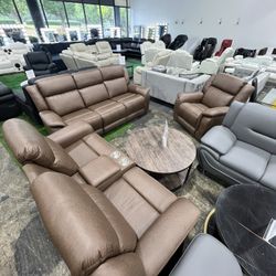 Premium Brown Recliner Living Room 3Pcs Set /Juego De 3 Piezas De Sala De Estar Reclinable Marrón De Primera Calidad