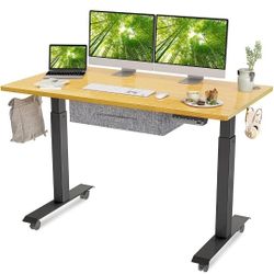 Electric Height Adjustable Standing Desk with Drawer, 55 x 24 Inches Splice Board, Black Frame/Bamboo Top