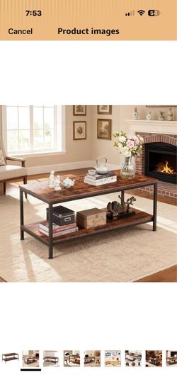 SUPER DEAL 2-Tier Coffee Table with Storage Shelf for Small Apartment Living Room, Rectangle Wood and Stable Metal TV Stand Side End Table, Rustic Bro