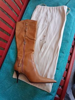 Tan Leather Knee-High Heeled Boot