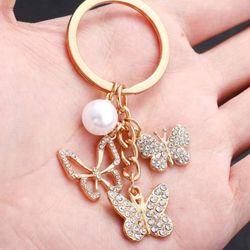 new Rhinestone butterfly keychain with pearl pendant 