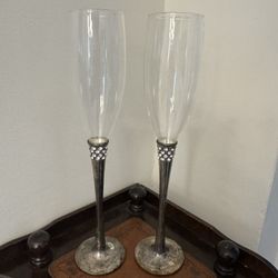 Two Z Gallerie Champagne Flutes w Silver Plated Stems Topped w Rhinestones 11” tall