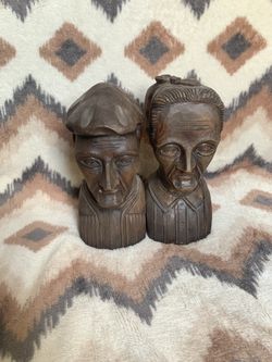 Hand Carved Wood Busts, J Alberdi, Mid-Century Carving, Old Man and Woman, Booke