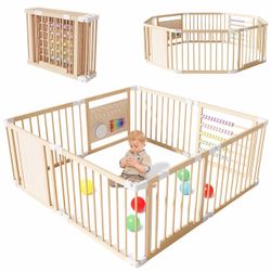 Wooden Playpen, Extra Large for Toddlers and Babies, Foldable Baby Playpen, Baby Fence Play Area with Gate, Kid Play Yard, Adjustable Size & Shape,63”
