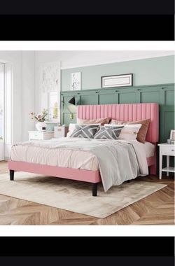 New in Box Pink Upholstered Bed Frame w/ Channel Tufted Headboard