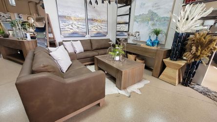 Modern Wooden Frame & Base Brown Sofa and Loveseat