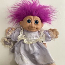 Vintage Russ Berrie 12" Troll Doll Girl Purple Satin Dress Plush Soft Body Blue Eyes