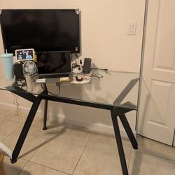 Office Desk With Chair, Monitor, And Stand- Price Is Negotiable 