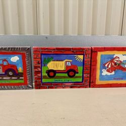 Set Of 3 Bright Wall Art for children’s room: Fire Engine Truck And Plane