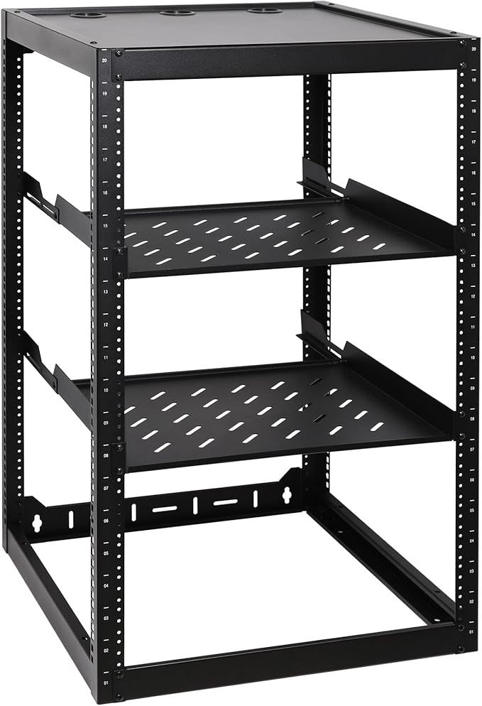 RackPath 20U Open Frame Network Rack with 2X 14in Vented 1U Shelves Rear Support