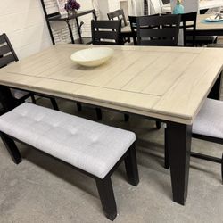 Six Piece Dining Set:  Table,  4 Chairs & Bench