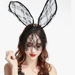 Lace Veil Hairband Black Cat Ears Hair Hoop Bunny Ear Headband, Party Decoration Headdress Cosplay Headwear Costume Hair Accessories for Hallowee