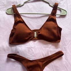 Women’ 2 Piece Ribbed Bikini Sets Wide Straps High Cut Bathing Suit Dark Brown