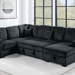 Black Corduroy Sectional Sleeper Sofa Pullout Bed With Storage 