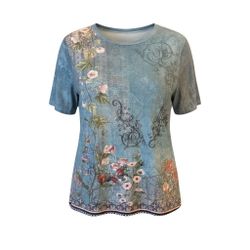 Women's Size Large Blue Floral Print Short Sleeve Top