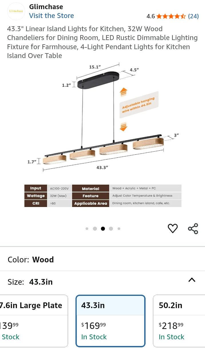 43.3" Linear Island Lights for Kitchen, 32W Wood Chandeliers for Dining Room, LED Rustic Dimmable Lighting Fixture for Farmhouse, 4-Light Pendant Ligh