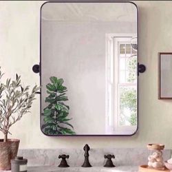MOON MIRROR 24"x36" Matte Black Pivot Mirror for Bathroom, Metal Frame Bathroom Mirrors for Wall，Rectangle Titling Vanity Wall Mirror with Rounded Cor