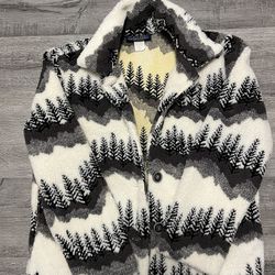 VTG Willow Ridge Forest Tree Graphic Button Up Fleece Sherpa Jacket WOMEN XS