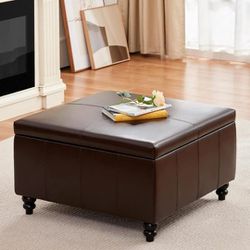 HUIMO Square Leather Storage Ottoman,Ottoman Coffee Table with Storage,Oversized Ottoman,Tufted Storage Ottoman for Living Room (Brown)