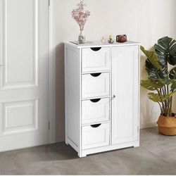 Small Storage Cabinet Wooden Bathroom Floor Cabinet Small Space Furniture White Side Storage Organizer with 4 Drawers and 1 Cupboard Adjustable Shelf 
