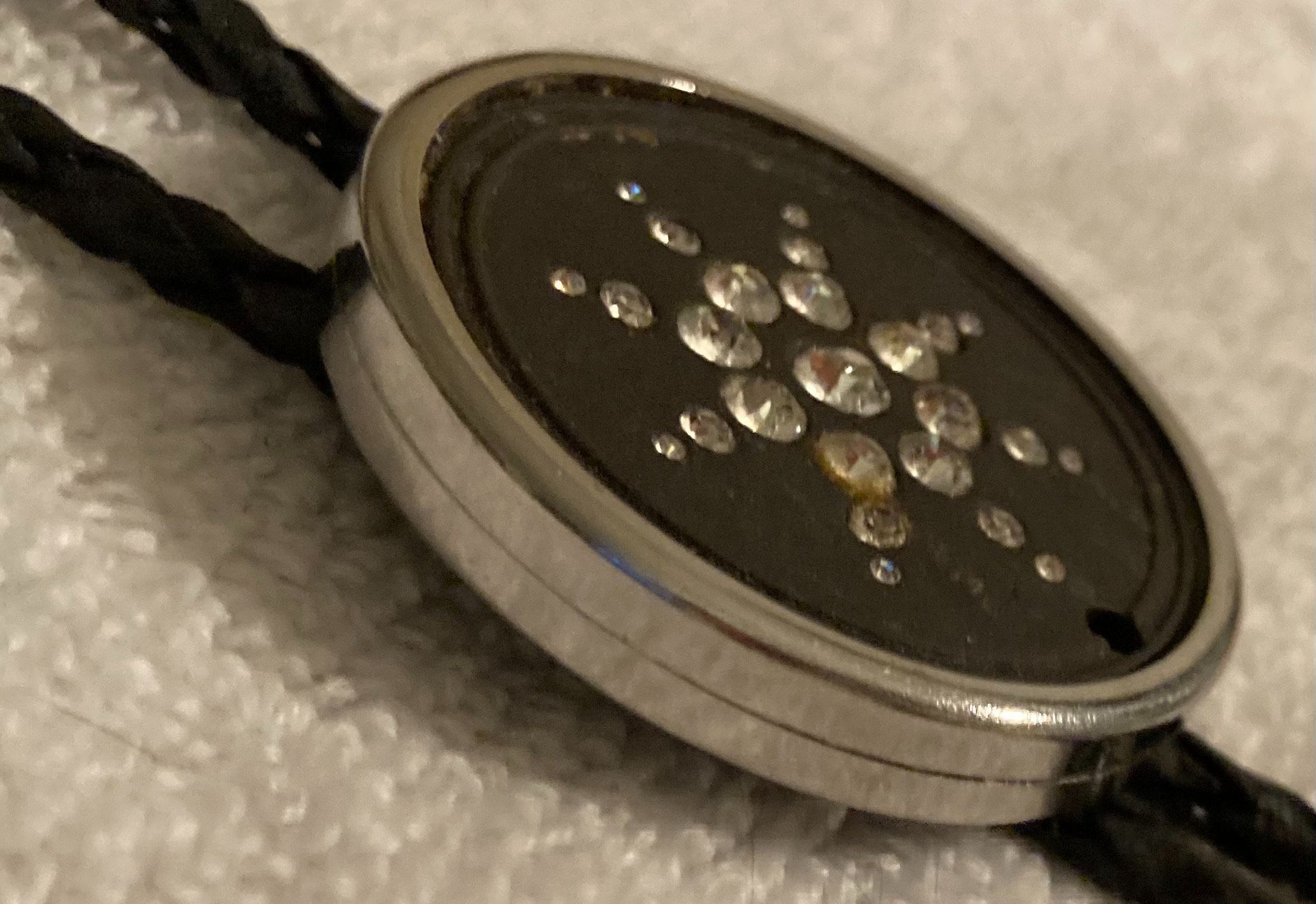 Vintage Metal Bolo Tie, Chrome, Thick, Sparkly Stones, Nice Design, 1 3/4" x 1 3/4", Nice Design, Made in USA, Quality, Heavy Duty, Country & Western,
