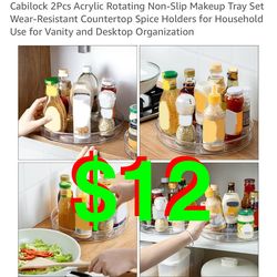 2Pcs Acrylic Rotating Non-Slip Makeup Tray Set Wear-Resistant Countertop Spice Holders for Household Use for Vanity and Desktop Organizatio