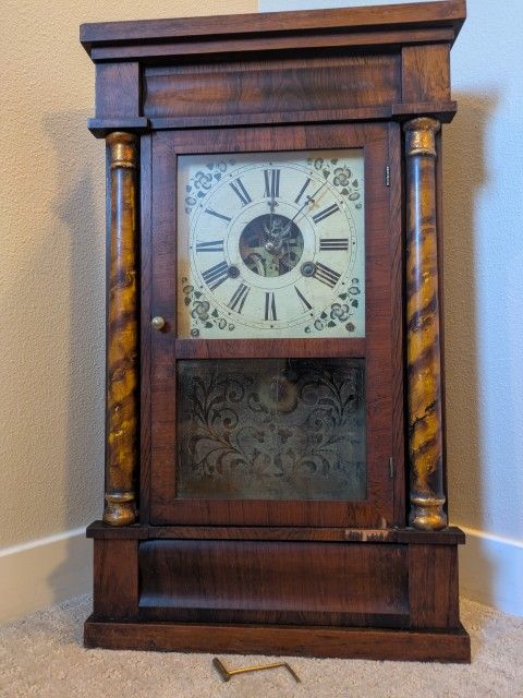 185 year old E.N. Welch weight driven antique clock. Stunning quality mahogany wood grain. Made around the year 1835. Appears to be all original