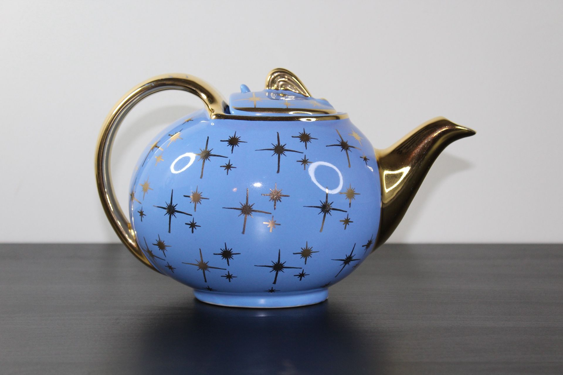 HALL MCM Periwinkle Blue & Gold Atomic Starburst STAR CADET 6 Cup TEAPOT 1950’s