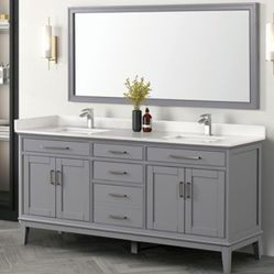 Brand New Grey 72 Inch Bathroom Vanity w Stone Countertop + Sink + Mirror 