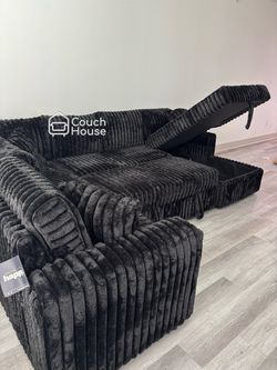 Black fluffy Corduroy Sectional couch with Pop up bed and storage Delivery available 🚚