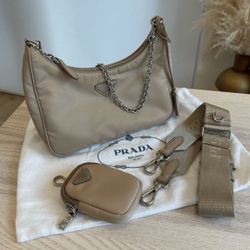 Nylon Beige Crossbody Purse With Coin Porch  