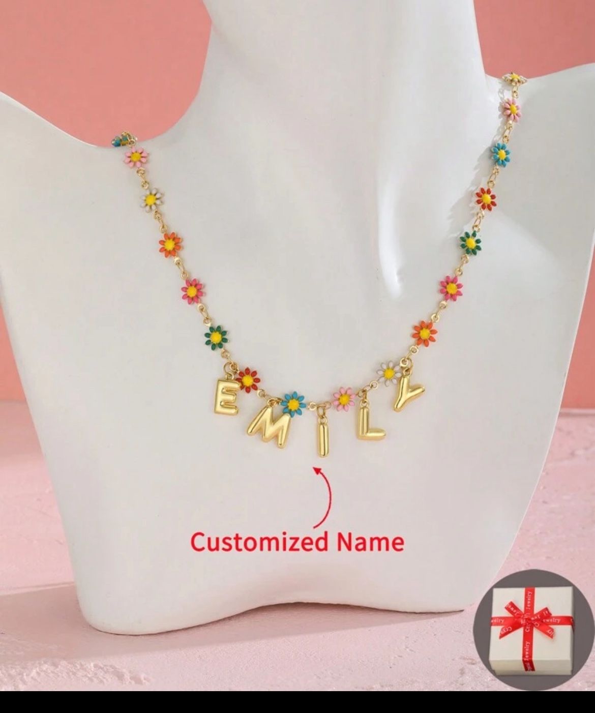 Custom Name / Personalized Cute Exquisite Colorful Daisy Gold Plated Customized Name Pendant Necklace Personalized English Name Font Customization