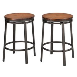 O&K FURNITURE 24-Inch Backless Swivel Bar Stools Counter Height, Industrial Kitchen Backless Bar Stools, Wood And Metal Bar Stool Chairs Set Of 2, Dar