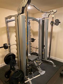 Hoist 3D smith machine/power rack/ functional trainer  Hoist adjustable bench, full set of rubber olympic weights, weight tree, lots of attachments