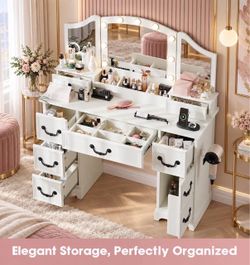White Farmhouse Makeup Vanity with Lights.