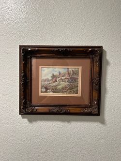 Framed English Cottage Print - Thatched Roof Cottage with Swans, Ornate Wood Frame