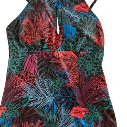 NWT Ellen Tracy Tankini Floral Black Blue Orange Red Built in Bra  Sz 6