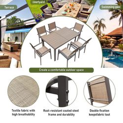 ✌️ 7 Piece Patio Dining Set Outdoor Furniture Set with Weather Resistant Table and 6 Stackable Textilene Chairs for Garden, Yard, Garden and Poolside 