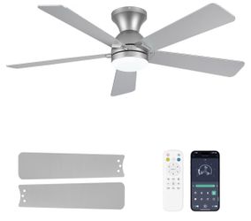 Ceiling Fans with Lights and Remote, 48 Inch Ceiling Fan with Light, Low Profile, Reversible, Dimmable LED, Flush Mount, Quiet, DC Motor, Nickel Ceili