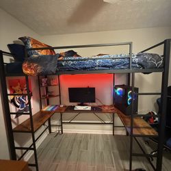 Twin Gaming Bunk Bed With Desk, LED Lights, And USB Outlets. 