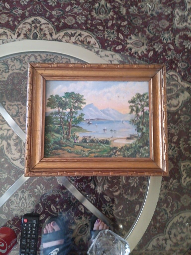OLD PRINT OF A LAKE AND SAILBOATS