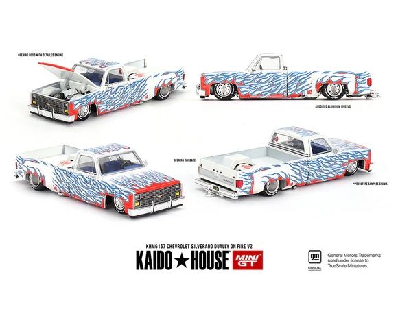 Kaido House X Mini GT 1:64 Chevrolet Silverado Dually On Fire V2 - White Flames