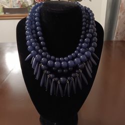 Navy Blue Frange Round/Spike Beaded Necklace with a Unique Style.