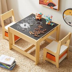 Kids Table and Chair Set, 3 in 1 Wooden Activity Table with Storage Drawer for Toddlers Drawing, Reading, Crafts, 2 in 1 Detachable Tabletop Table Set