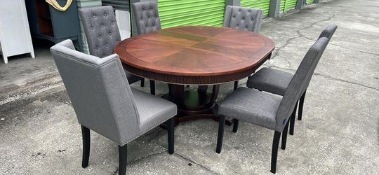 Round Pedestal Dining Table with 6 Upholstered Chairs