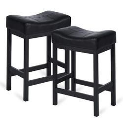  Bar Stools Set of 2-Counter Height Stools - 24 Inch Saddle Stool - PU Leather Kitchen Stools - Black Seat - Metal Base, KS861P-BL