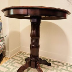 Dark Walnut Wood Tall Round Pedestal Dining Table