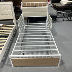 New Twin Bed Frame with Guardrail & Bedside Caddy, Multifunctional Headboard with Charging Station, Durable Metal Platform Bed, Noise-Free, No Box Spr