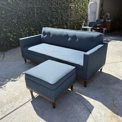 Midcentury Style Royal Blue Couch with Ottoman