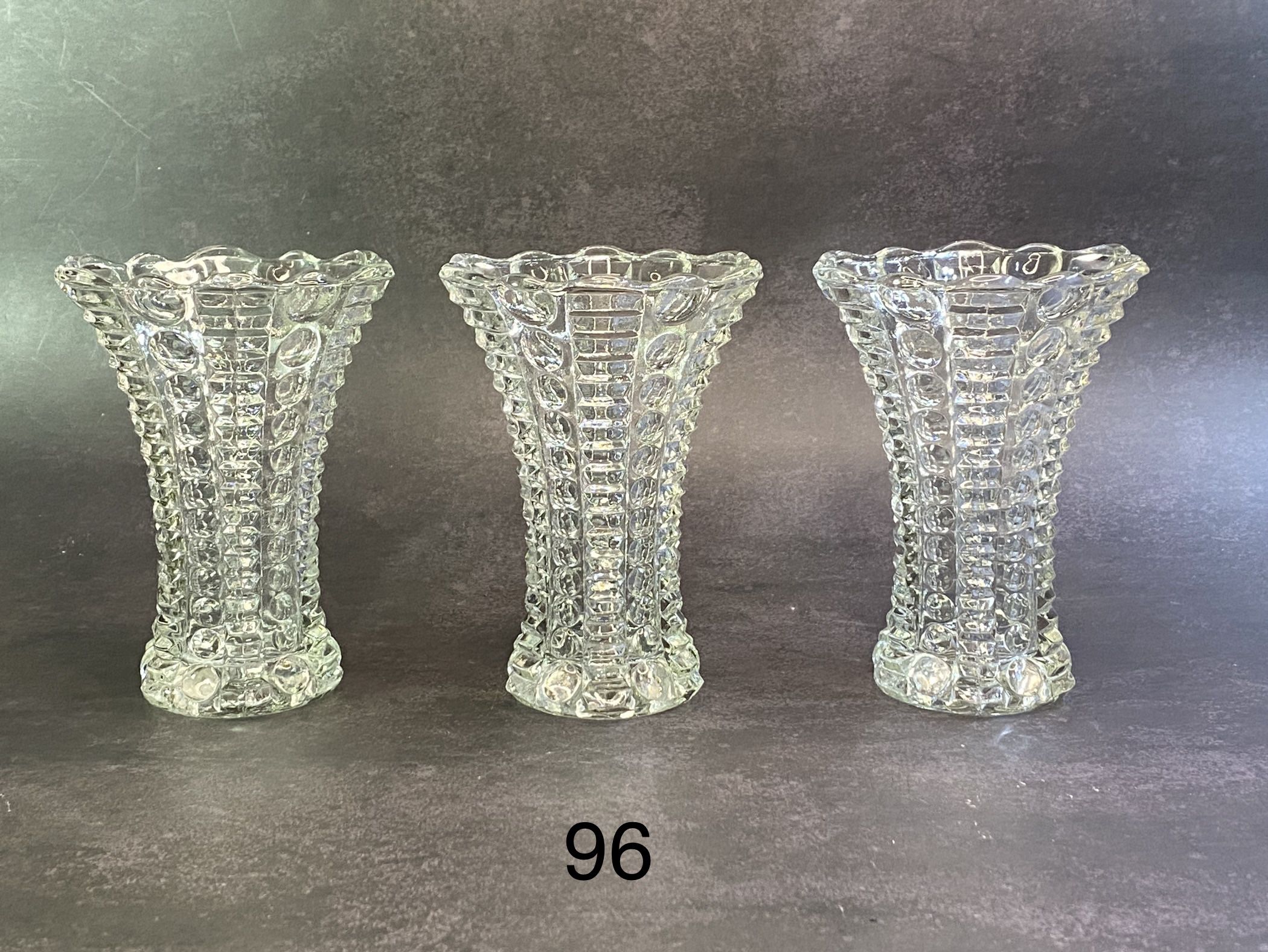 (3) Beautiful Vintage Indiana Glass Mayflower Pattern Clear Vase.  5” tall. 